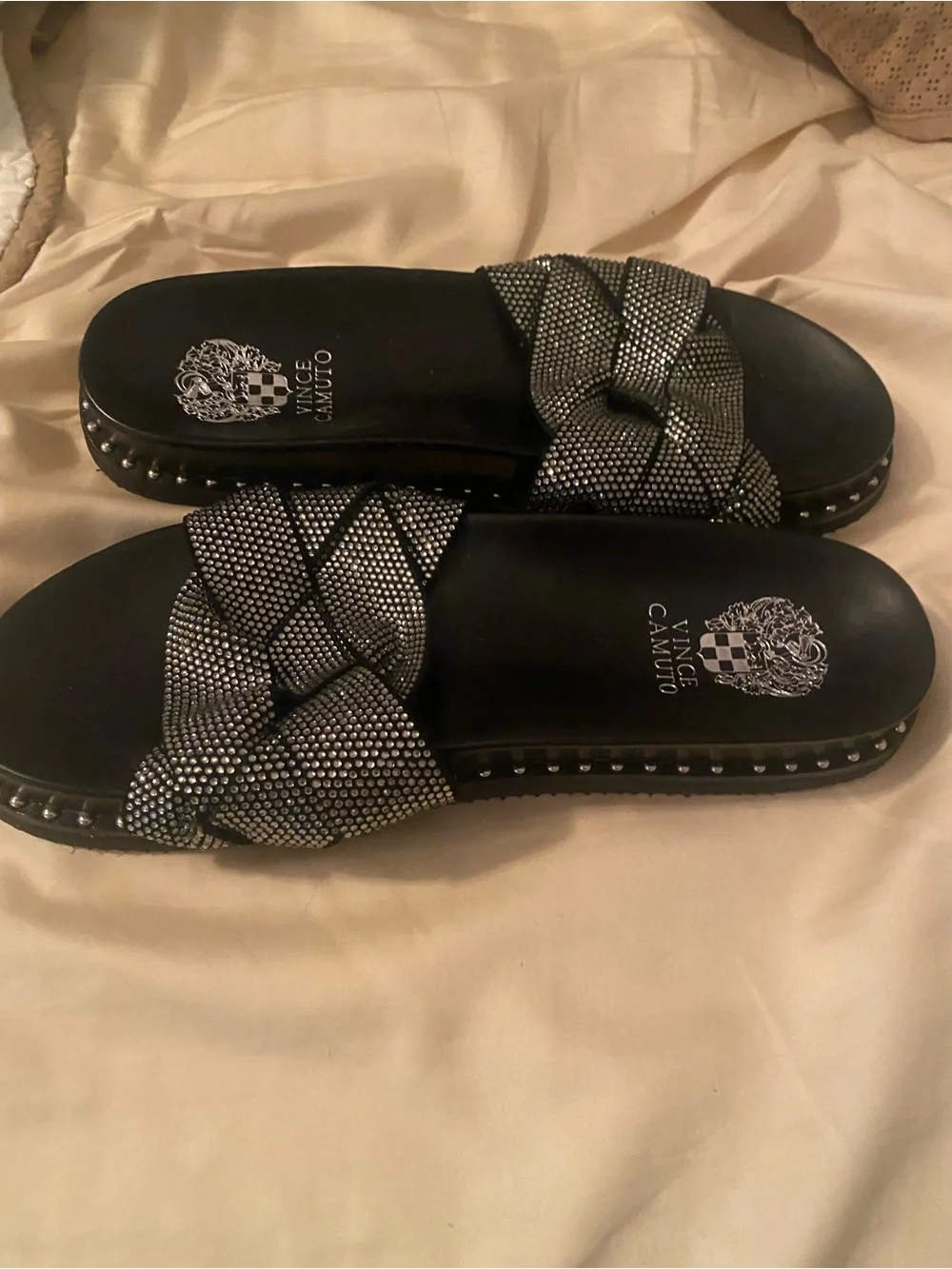 Vince Camuto Black and Silver Crystal Cross-Band Slide Sandals - Picture 3 of 3